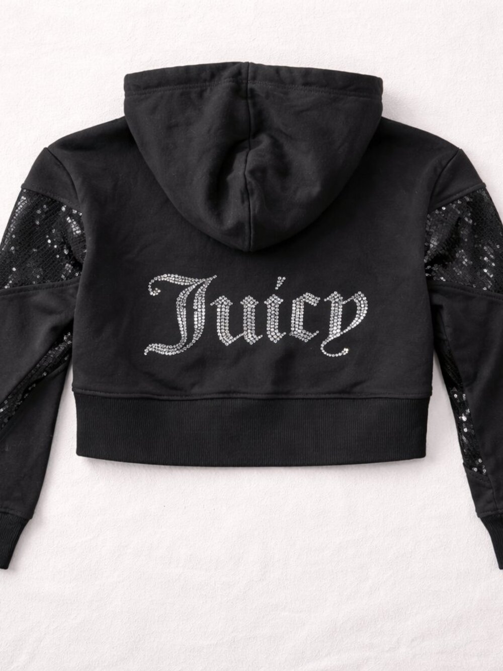 Juicy Couture Cropped Hoodie Womens Small Black Rhinestone Sequin Y2K